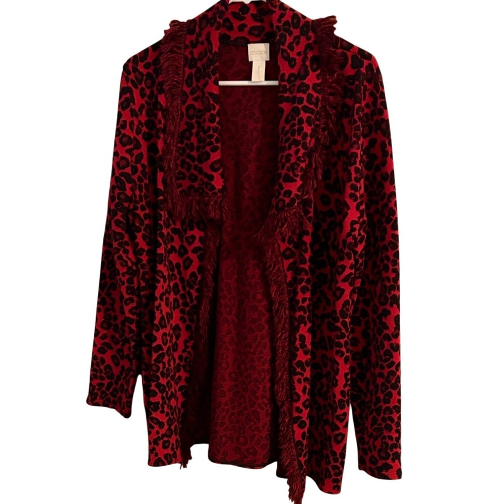 Chico's Leopard Print Cardigan Size 1 Red Black Fringe Trim Open Front Jacket